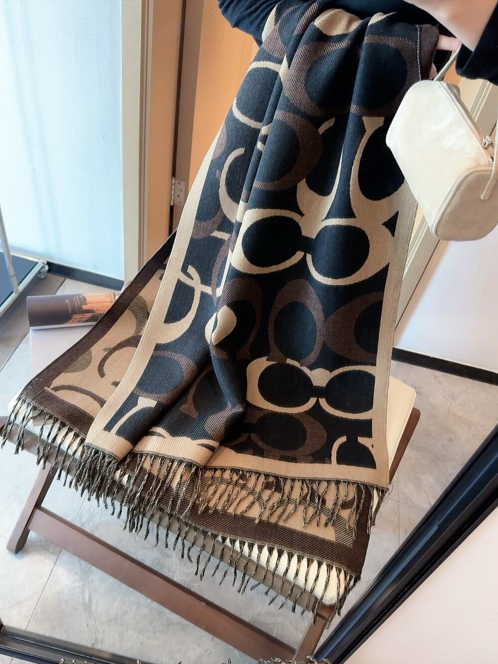 Coach Reversible Geometric Fringe Scarf — model