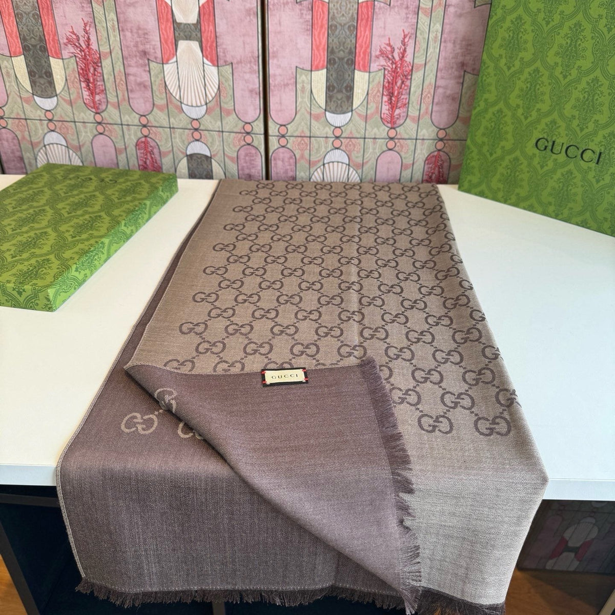 Gucci Reversible Monogram Fringe Scarf — front