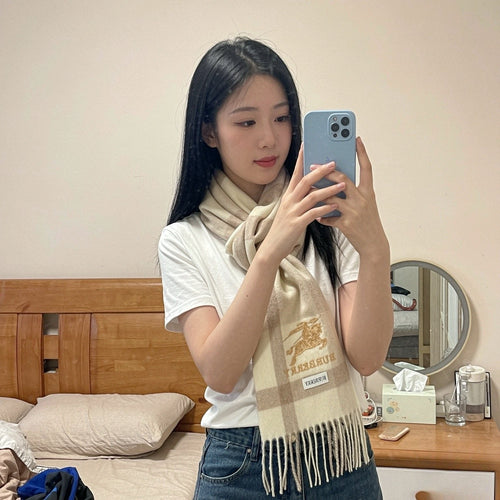 Burberry Pink Plaid Fringed Scarf — model